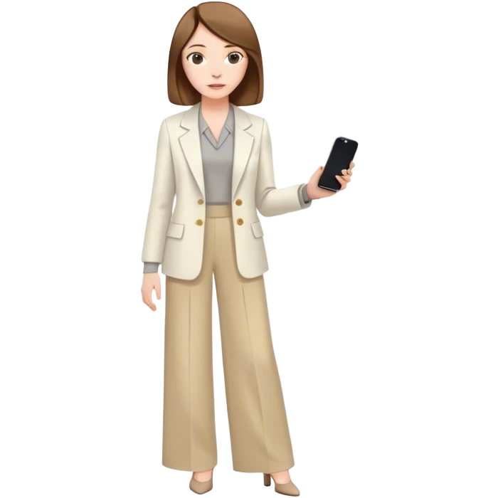 pale skin woman with brown Straightened bob Hair, White Spacious classical jacket, beige palazzo Arrow pants and gray blouse holding white IPhone 15 pro in the hands emoji