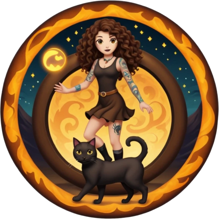 woman with long curly brown hair, brown eyes, white skin, tattoos, black cat stepping out of a glowing portal circle emoji