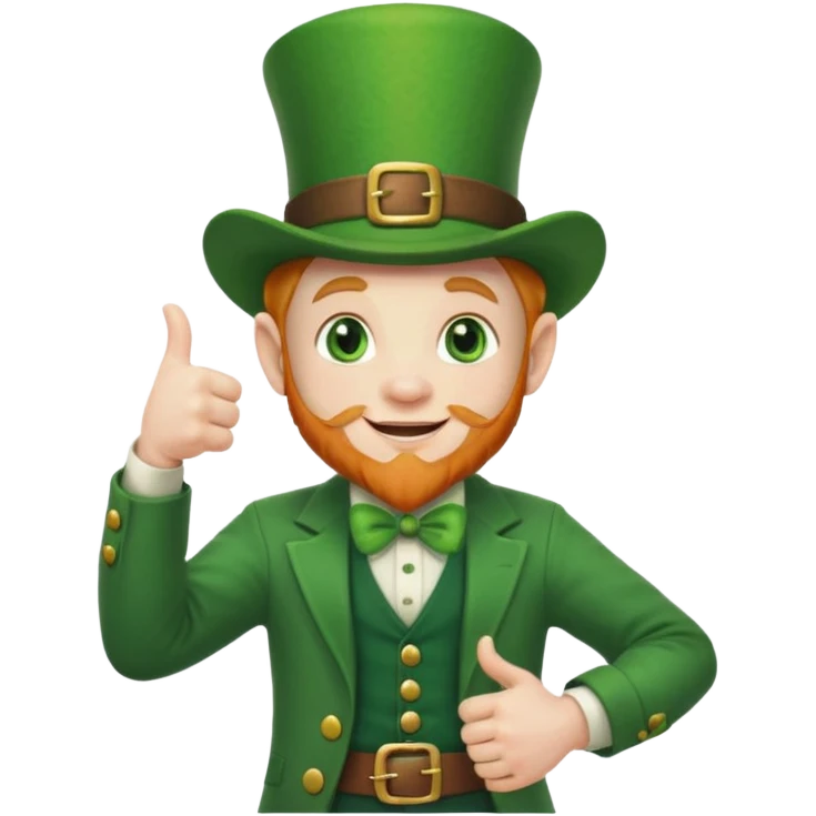 leprechaun looking up, and giving a thumbs up. on his left hand, he is holding his waist emoji
