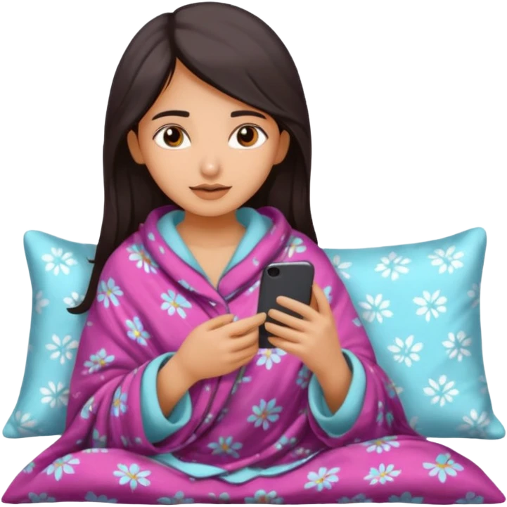 a pretty bratz fair indian girl covered in blanket, wearing pajamas, using phone emoji
