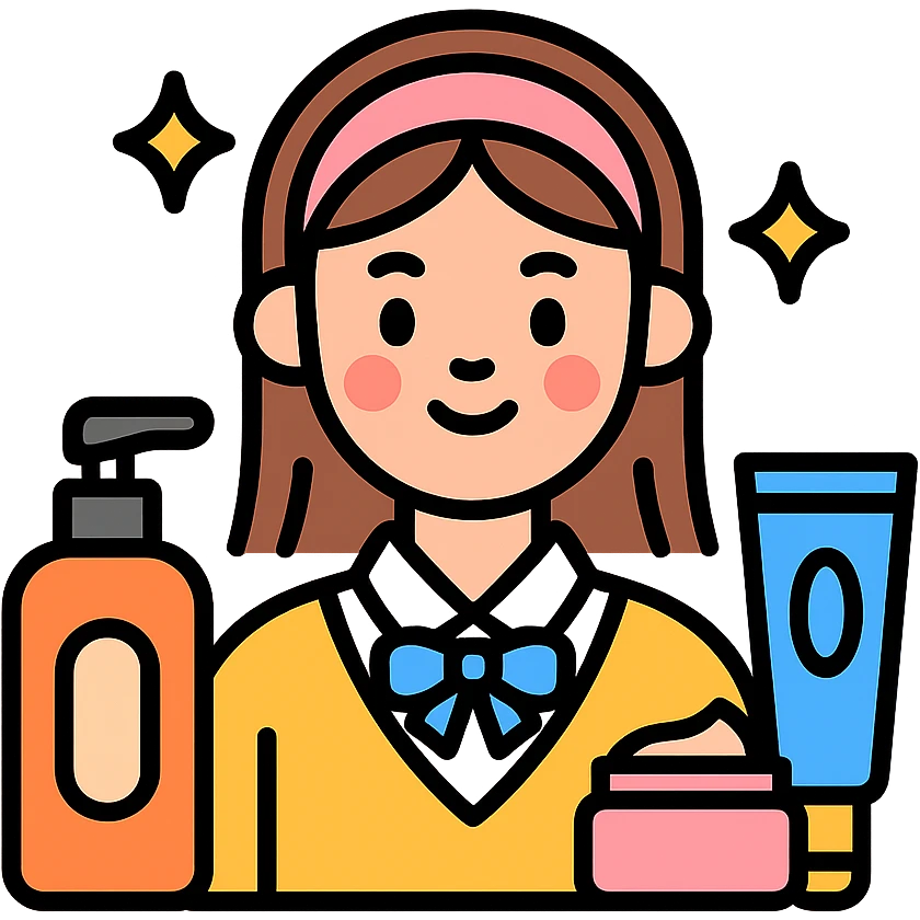 preppy girl with glowing skin, surrounded by skincare products emoji
