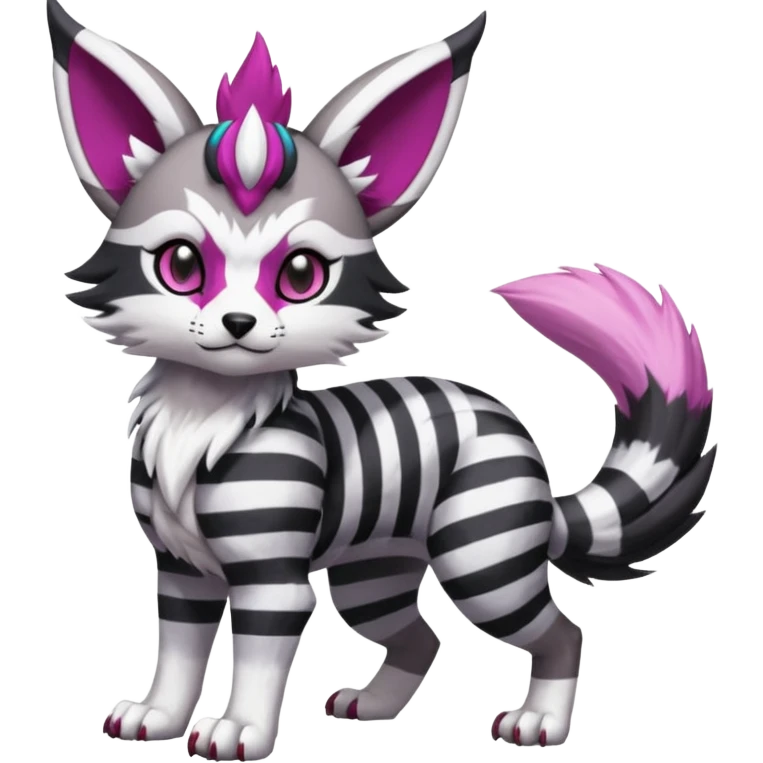 Black and white-striped Colorful Skilled Adept Graceful Asian Painted WereGarurumon-Meloetta-Obstagoon-Furret-fusion-hybrid-creature (full body) with a magenta accent, tufted lynx ears emoji