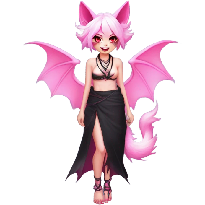 Full body female, succubus kitsune, neon pink eyes, vibrant pink hair, alabaster skin, fluffy black tails, pink tail tips, spiked choker, unique heritage, seductive charm, rebellious spirit, traditional kimonos, spiked anklets, and Barefoot 
 emoji