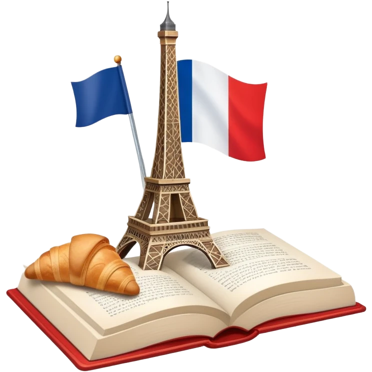 An icon featuring the Eiffel Tower and the flag of France, symbolizing the French language. The design includes an open book with French text and a croissant, representing language learning and French culture. Transparent background highlights the elegance of the French-speaking world. emoji