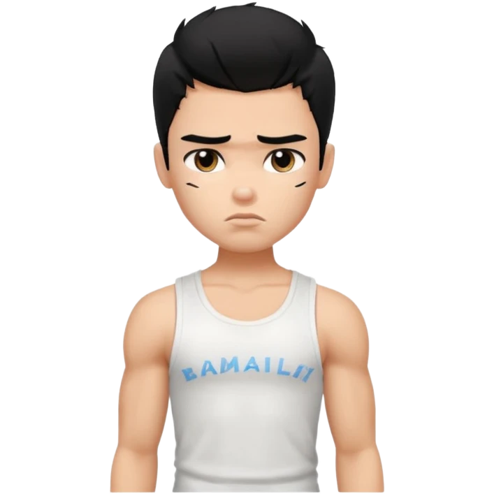 a pretty bratz boy with black hair and white sleeveless tank, biceps looking sad emoji
