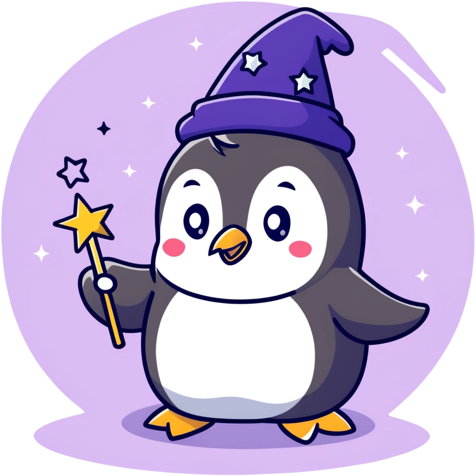 A cute penguin wizard casting a spell with stars and sparkles emoji