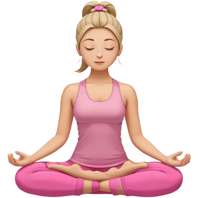 white woman with neat ponytail hairstyle, sitting in lotus position, meditating with closed eyes and serene expression, wearing pink yoga outfit emoji