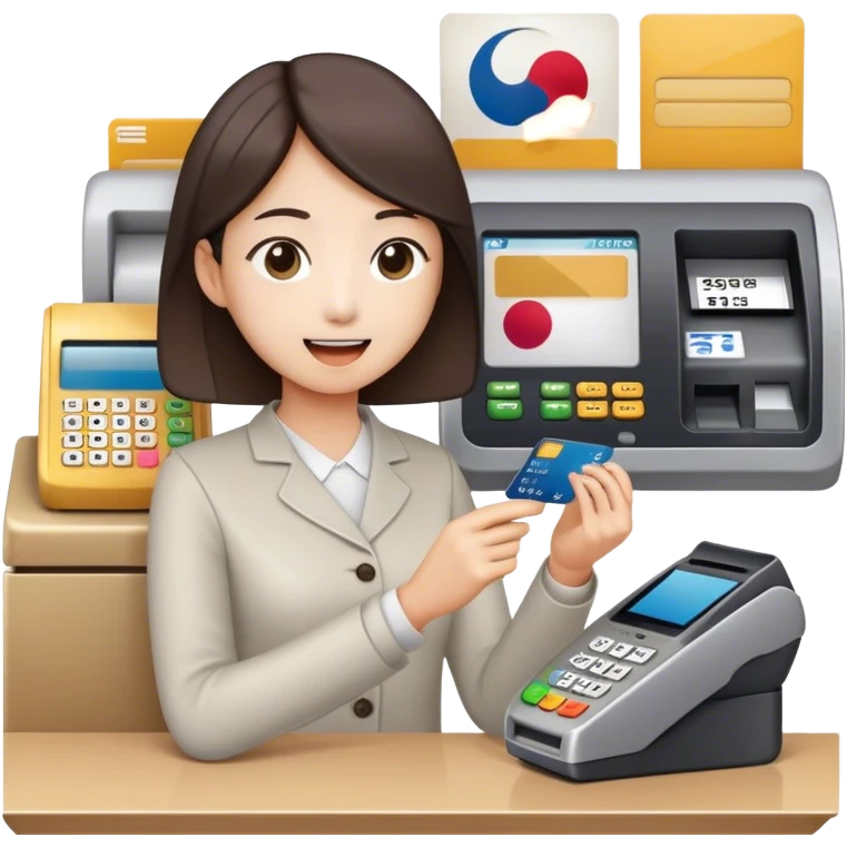 “An emoji-style illustration of a Korean person making a payment with a credit card. The person is holding a credit card and inserting or tapping it on a payment terminal. The scene suggests a typical transaction at a store or café counter, with a cashier or payment machine present. The person appears focused or content while completing the purchase. The style is minimalistic and expressive, resembling an emoji.” emoji
