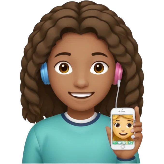 Faça um adolescente de cabelo cacheado médio sorrindo com um aparelho dental e fones de ouvido, com um moletom branco emoji