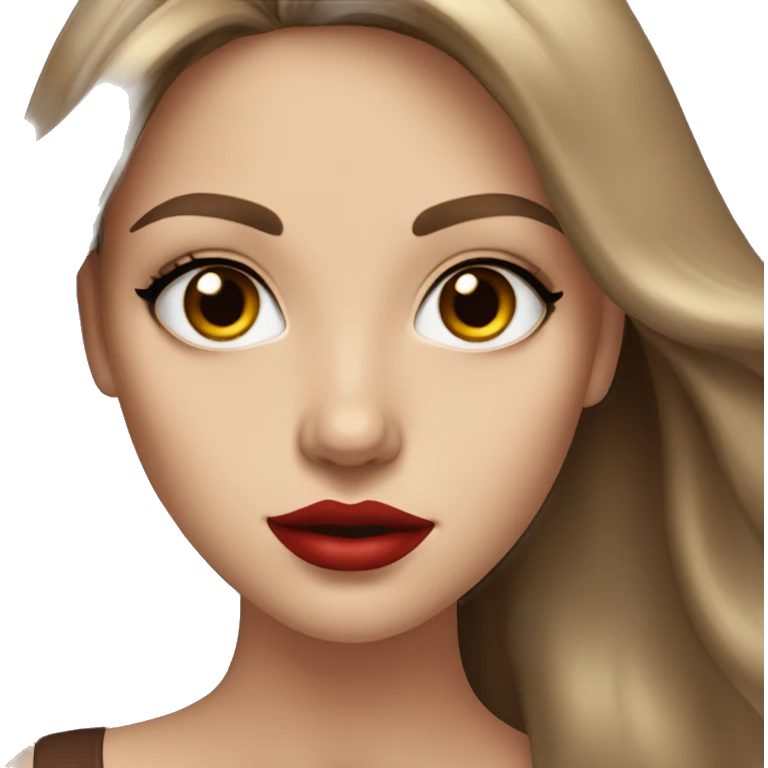 A model with long brown hair, white skin, red lips and brown eyes emoji