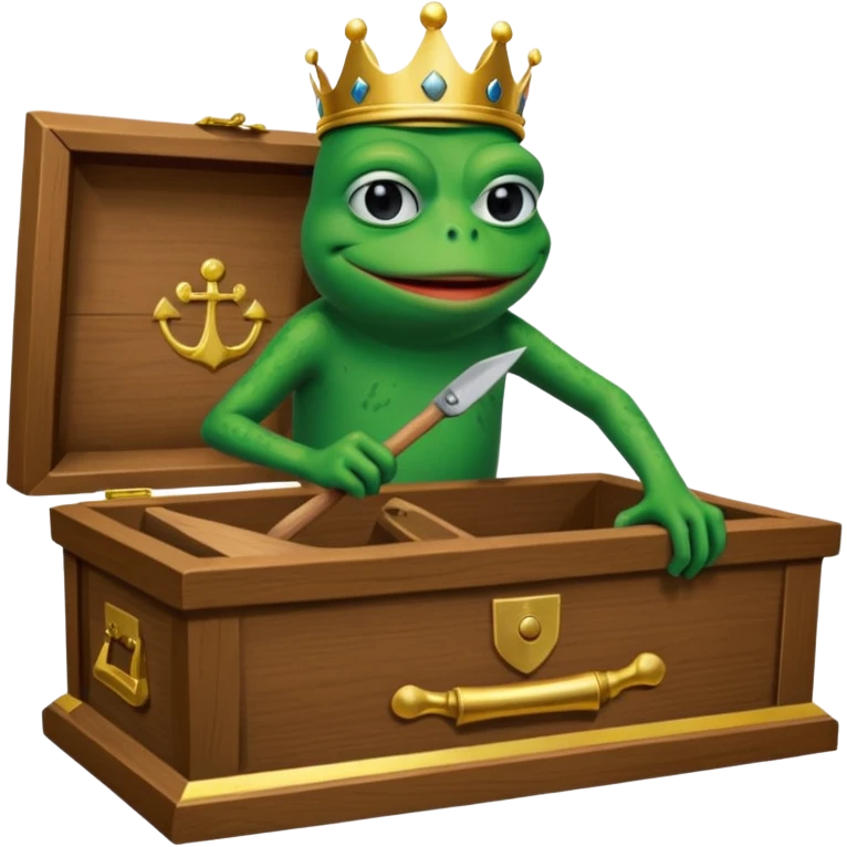 Emoji of an empty wooden coffin with its lid on top, the word ‘ECHO’ carved into the side panel. The coffin is shown from the outside. A king-like Pepe the Frog, standing outside the coffin, is hammering nails into the lid to seal it shut. No character is inside the coffin. Not a treasure chest. emoji