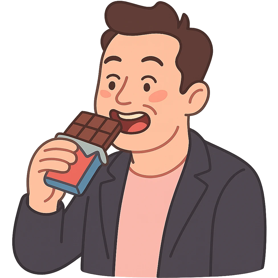 cartoon Elon Musk eating chocolate, pastel toon style emoji