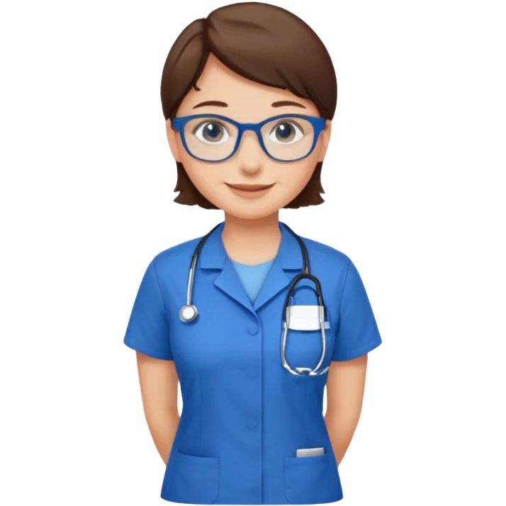 Blue eyes short brown hair with glasses woman in care assistant blue uniform emoji