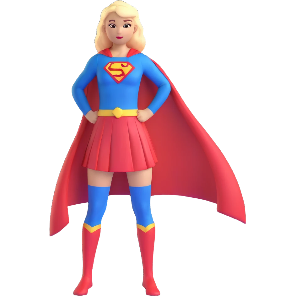 Supergirl superhero full body, blue tights costume with red skirt, red cape and S emblem emoji