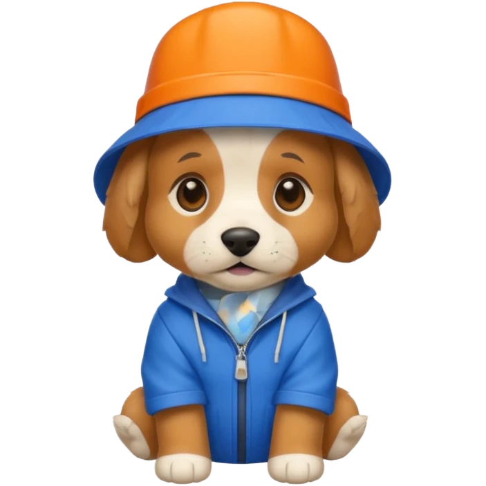 A puppy wearing a blue and orange suit with a blue and orange buckhat  emoji