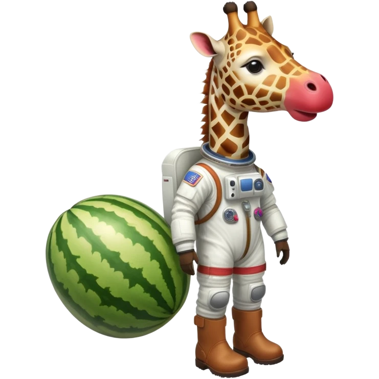 watermelon body with only the head of a giraffe poking out, wearing brown boots and an astronaut helmet emoji