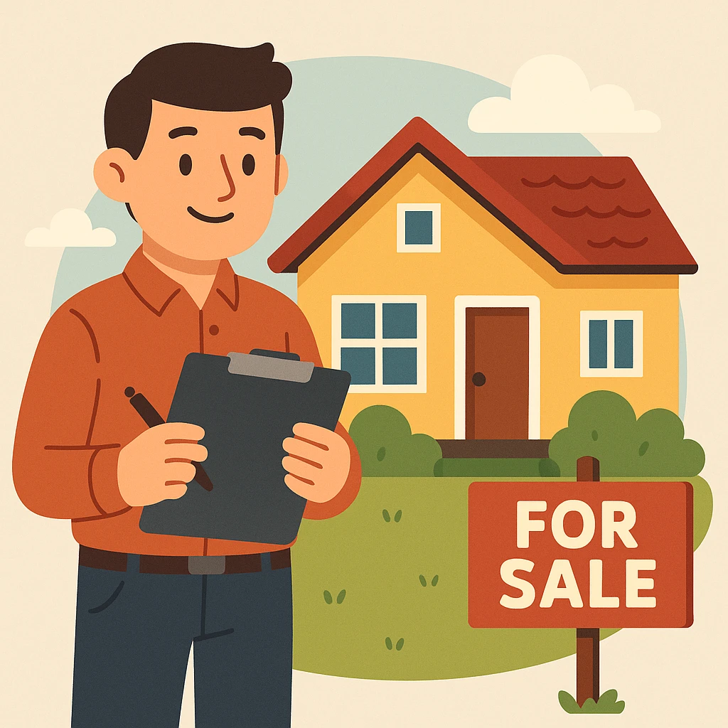 flat toon style person with a clipboard in front of a house for sale emoji