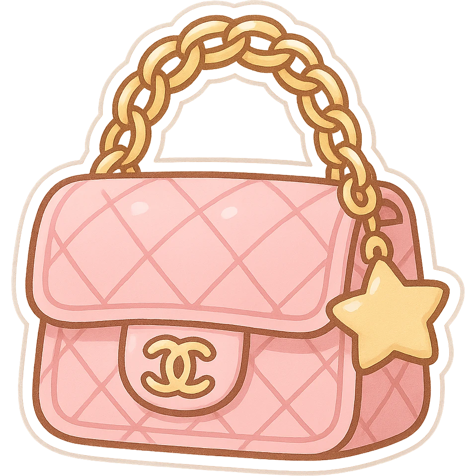 pink Chanel purse with a star charm, cute and exaggerated, chibi stickers style emoji