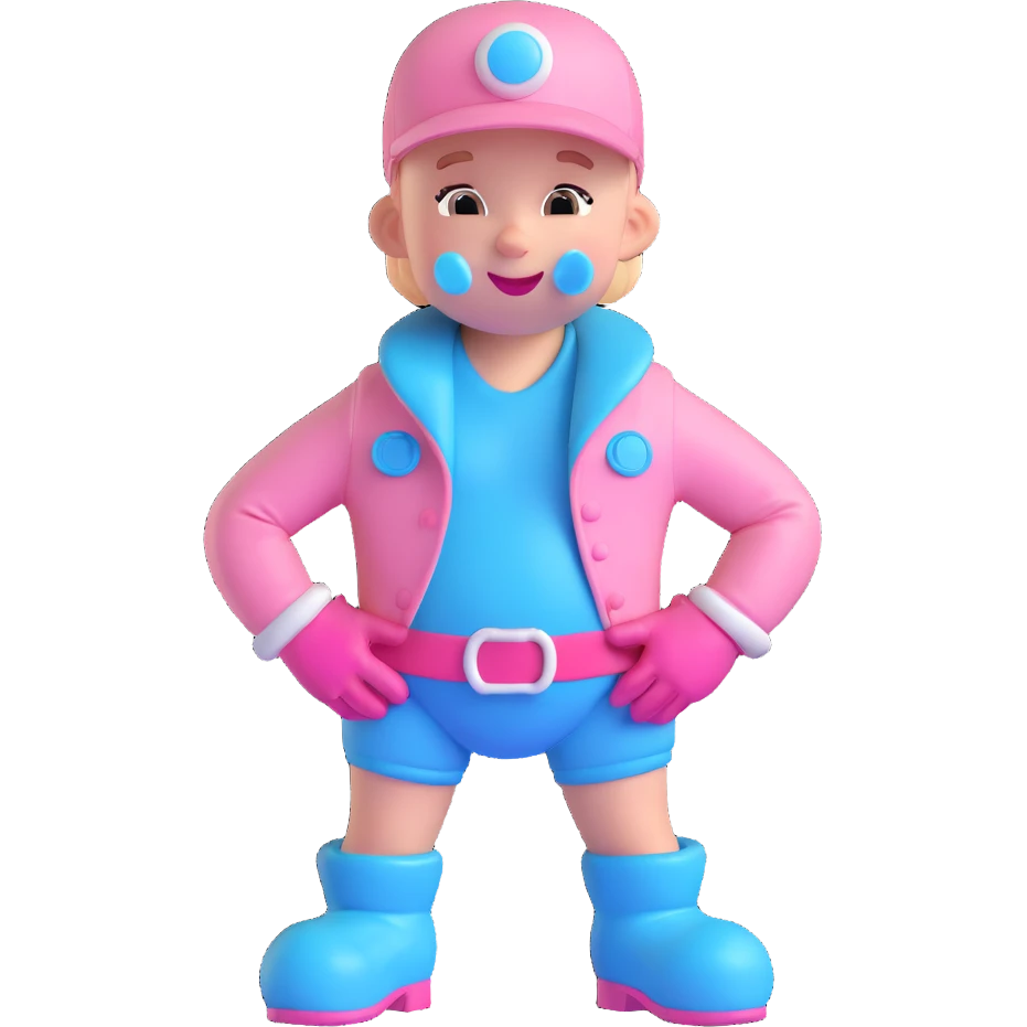 3D cartoon pacifier character, adult version, hands on hips, smirking mischievously, gloved hands, shoes, baby blue and pink color scheme, transparent background. emoji