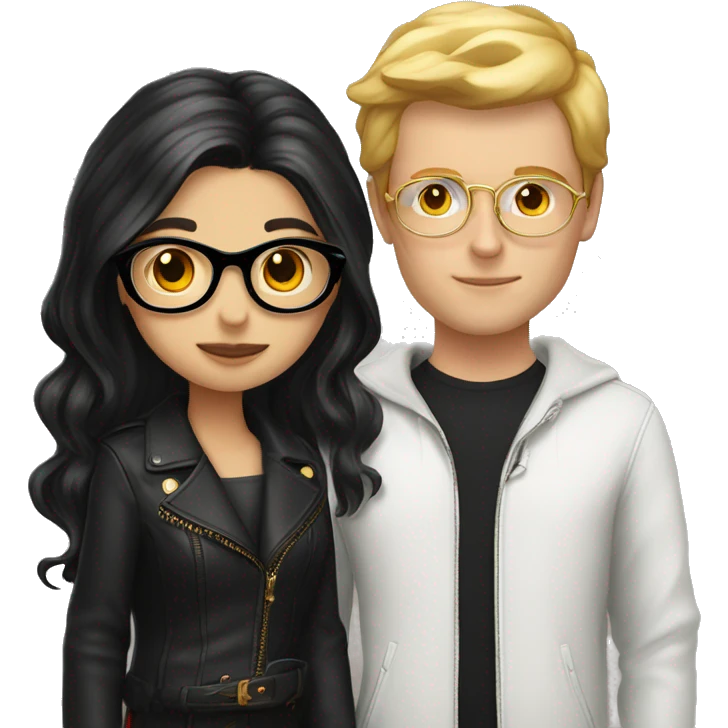 white girl with black and red-tainted long hair and circular golden glasses kissing white boy with mi-long slick black hair wearing costume jacket emoji