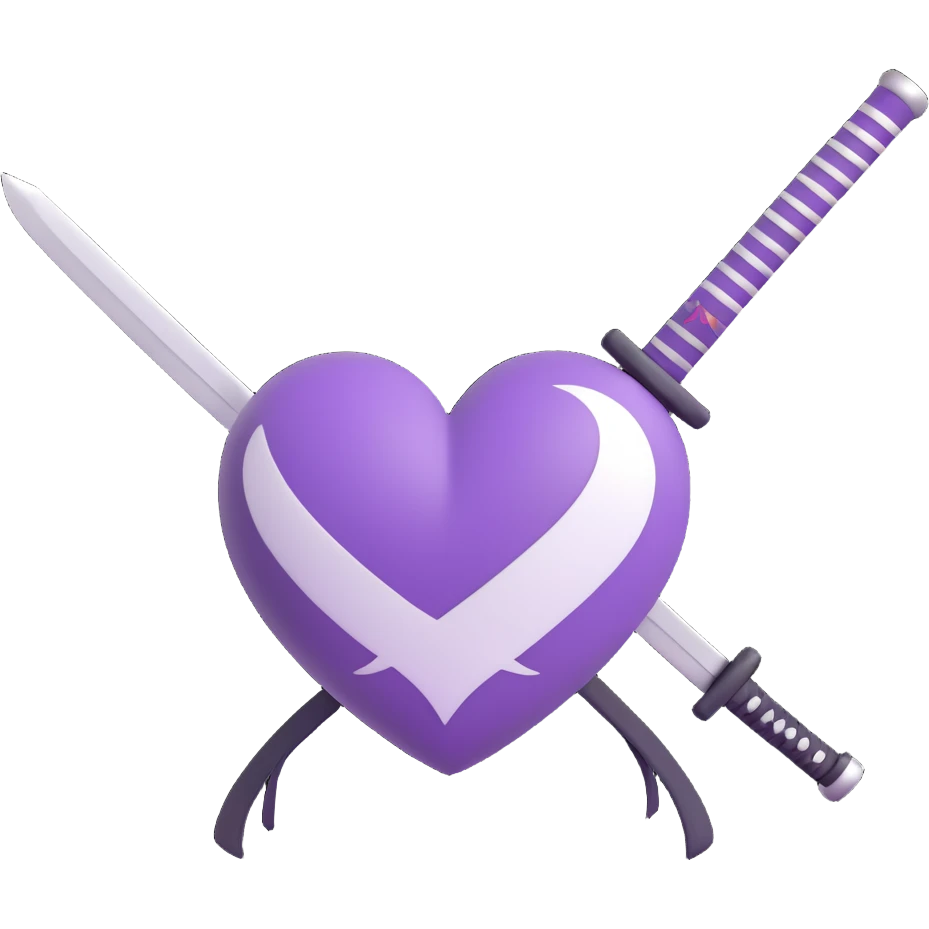 purple and white heart with a katana sword piercing through the center, 3D emoji style emoji