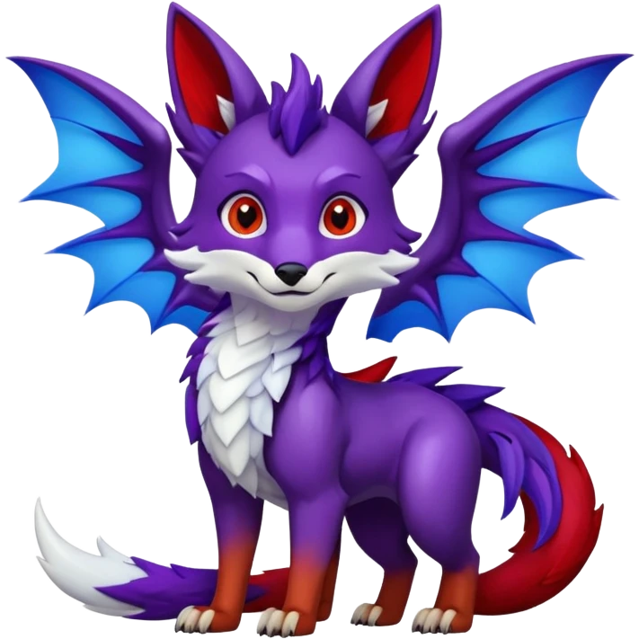 Animated Fox dragon hybrid face front full body dark purple and blue and red emoji