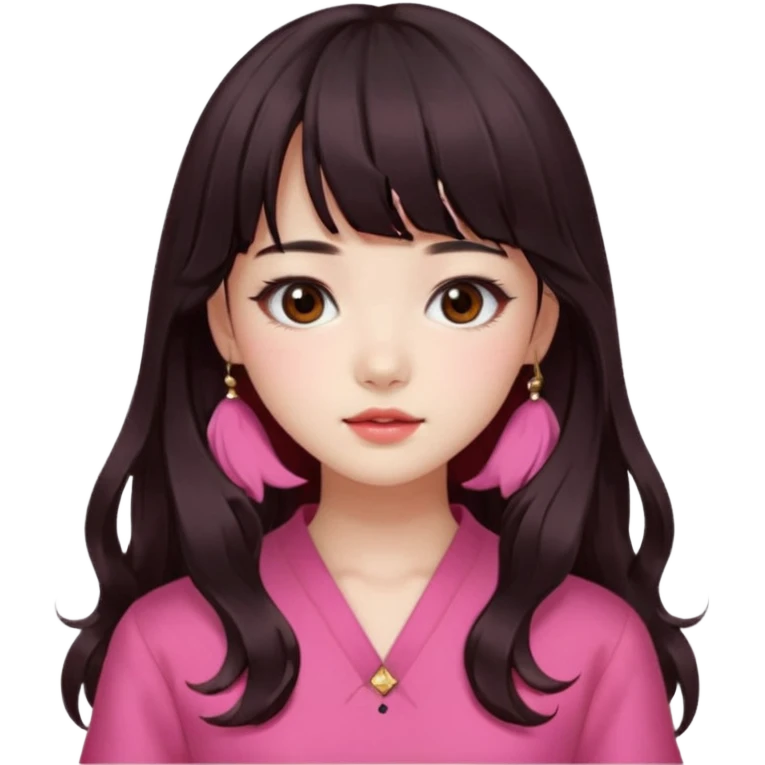 Korean girl, red top, black brown hair, brown eyes, long wavy hair, aesthetic, long hair, hime cut, blunt bangs, pink girl emoji