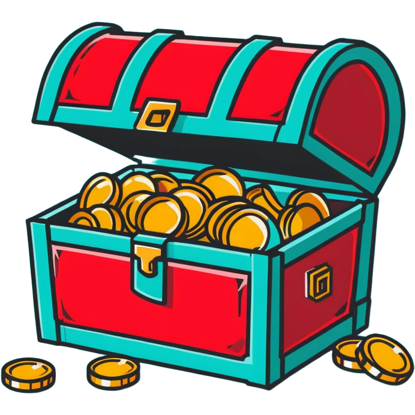 A vibrant red RPG treasure chest with gold coins spilling out emoji