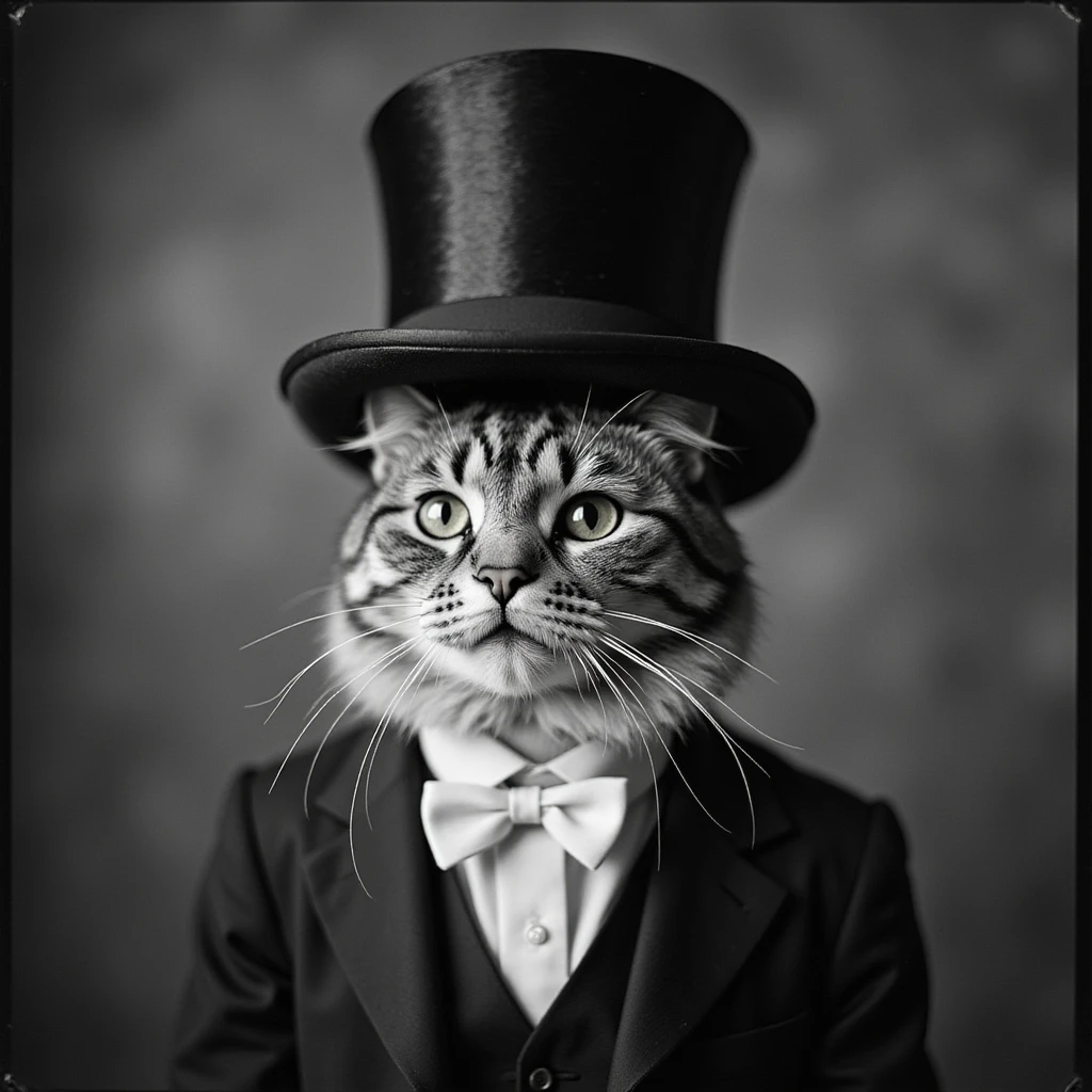 vintage black and white photo of a cat in a top hat, classic portrait emoji