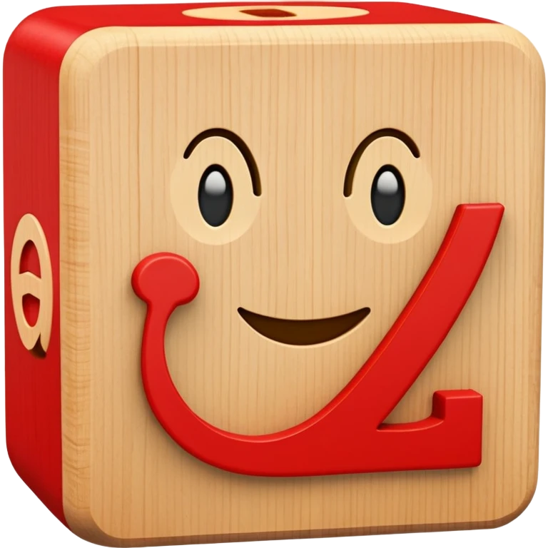 A wooden alphabet block with letter A and a cute smiling face emoji