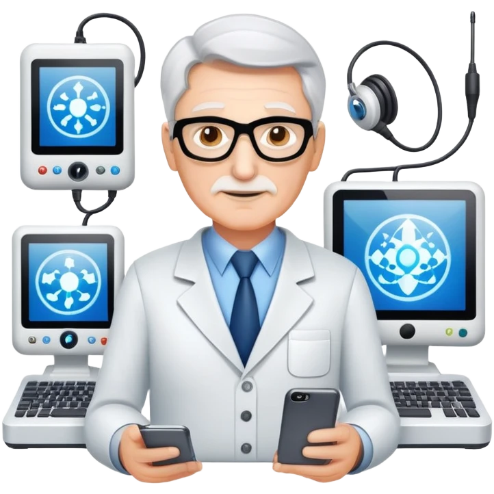 Senior IT Specialist with multiple high-tech devices, confident expression, showing leadership, advanced technical expertise emoji