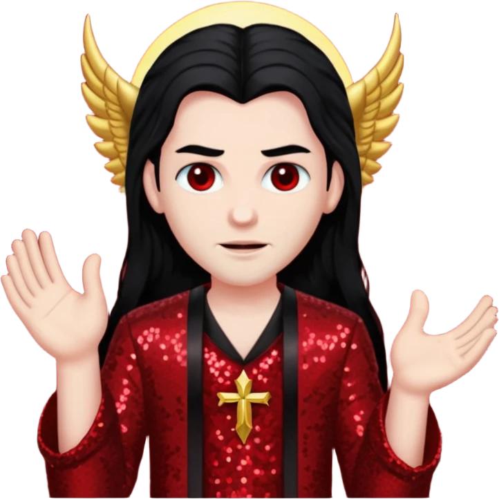 Lucifer from The Bible with long black hair, dark red sequin outfit emoji