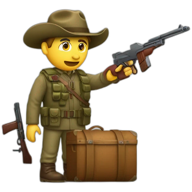 Un chasseur avec un fusil à la main et une bouteille de vin rouge dans l’autre main  emoji
