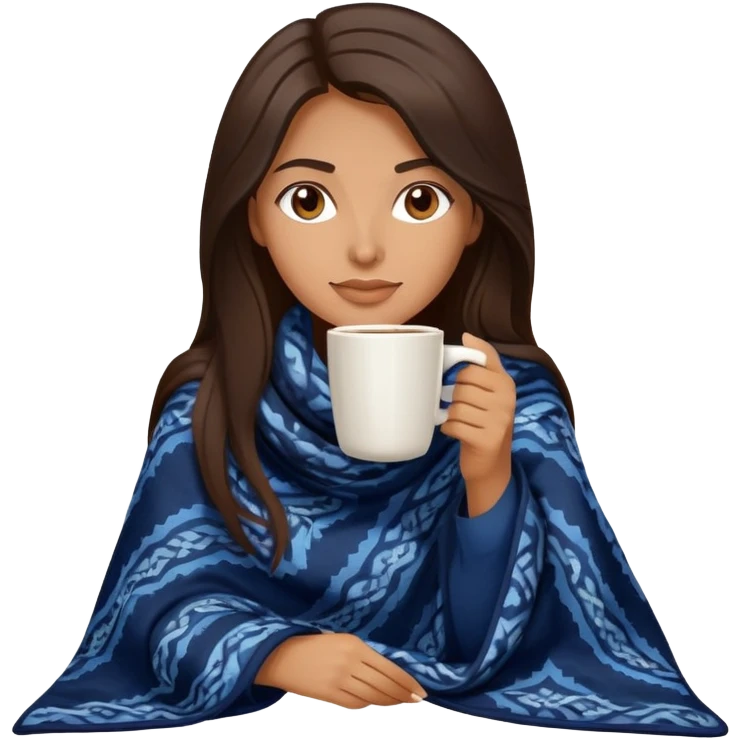 Beautiful woman with long dark brown hair wearing dark blue clothes drinking coffee while covered with a blanket emoji