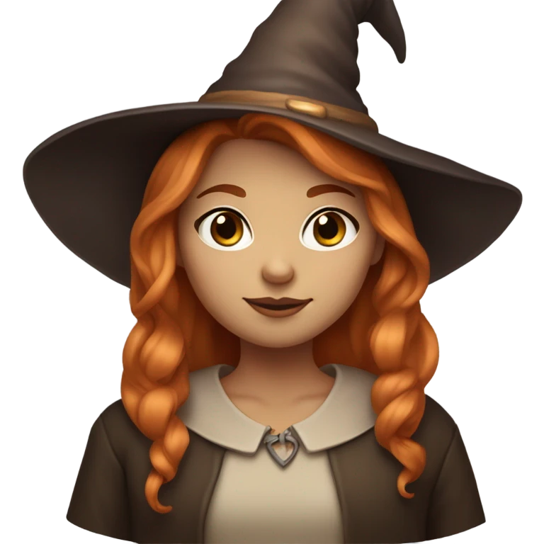 Girl with copper-colored hair, a witch's hat, brown eyes, a small nose and normal-shaped lips, her skin color is light but not white emoji