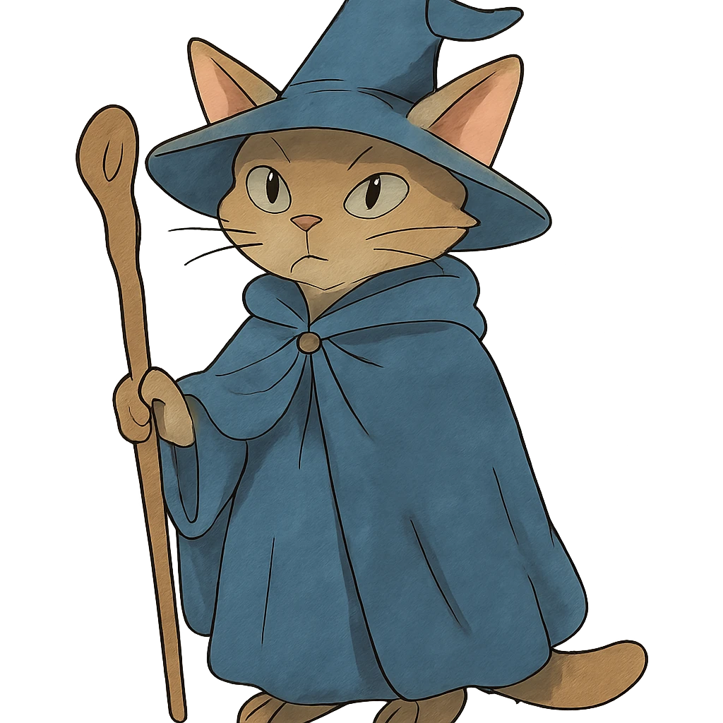 ghibli style wizard cat with cloak and staff emoji