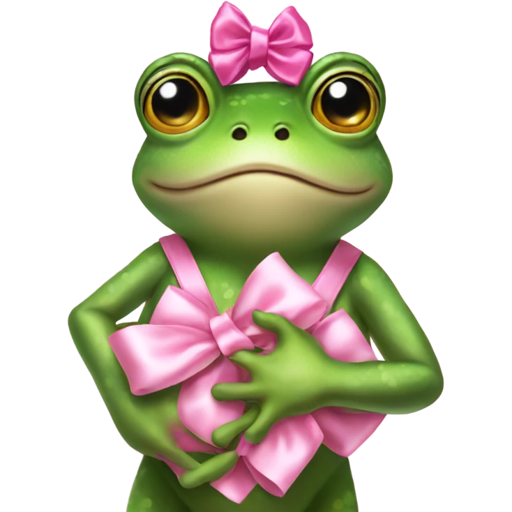 Frog  with pink satin bow on his head holding a small teddybear in his hands emoji