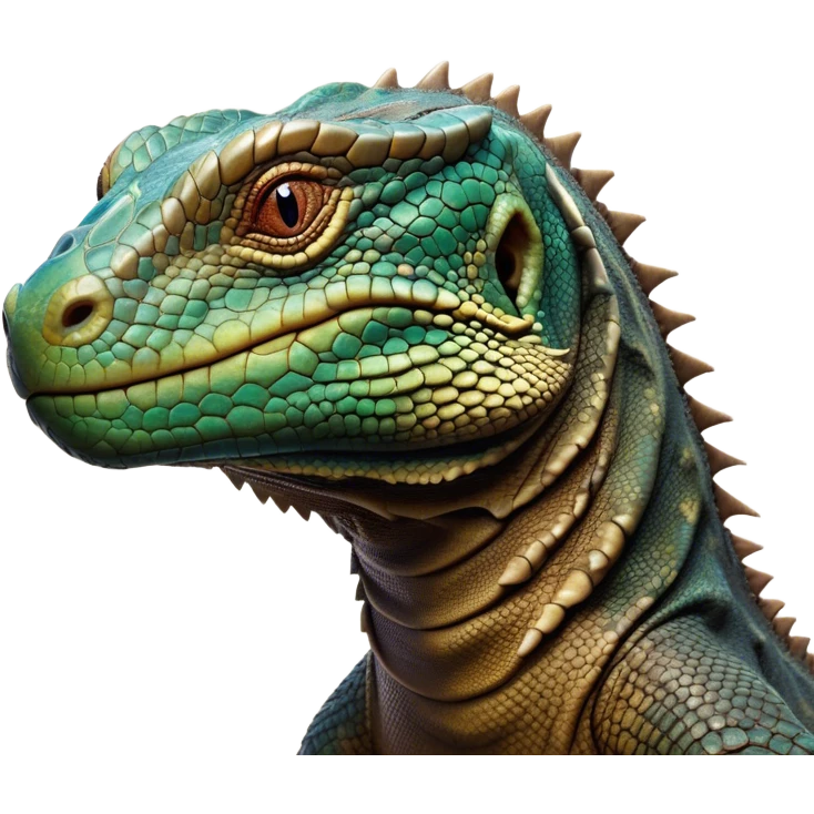 Cinematic Noble Komodo Dragon Lizard Portrait Emoji, Poised and regal, with a rugged, scaled body and powerful stance, deep-set intense eyes and textured, weathered skin, Simplified yet sharp and sophisticated features, highly detailed, glowing with a soft, ancient glow, high shine, intelligent and formidable, stylized with an air of primordial authority, focused and commanding, soft glowing outline, capturing the essence of a watchful and confident guardian that appears ready to stride out of the screen with timeless power! emoji