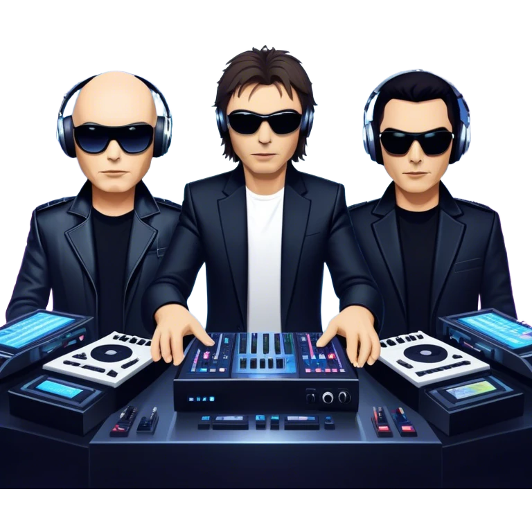 Icon for Electronic Music: Jean-Michel Jarre, Moby, DJ Tiesto, and Jorn van Deynhoven performing with synthesizers, turntables, and futuristic lighting effects. The design should evoke the vibrant and immersive atmosphere of electronic music festivals. Transparent background. emoji