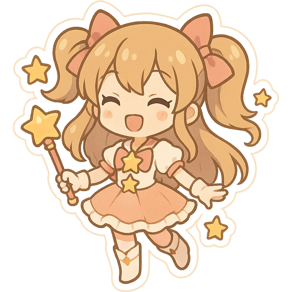 chibi anime magical girl with a wand and star accessories, smiling emoji
