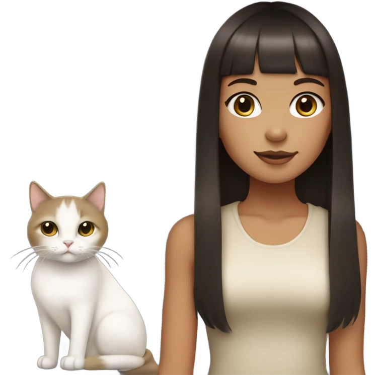 Dark brown haired girl with olive skin with straight across bangs and long hair holding a white cat  emoji