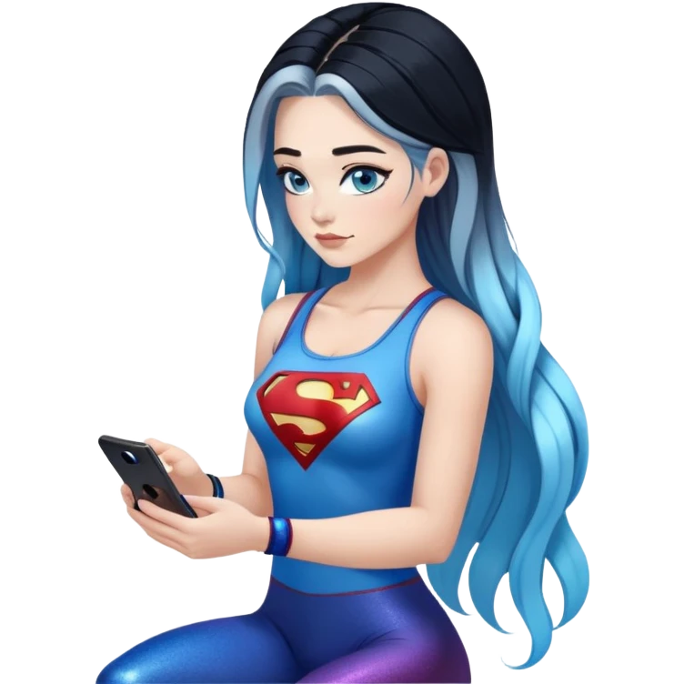 I'm sorry-Female-very very very large chest-texting on a samsung cell phone-very long straight braided black to sky blue hair ombre-blue eyes-black eyeliner-long eyelashes-iridescent tank top with glitter superman logo-leggings emoji