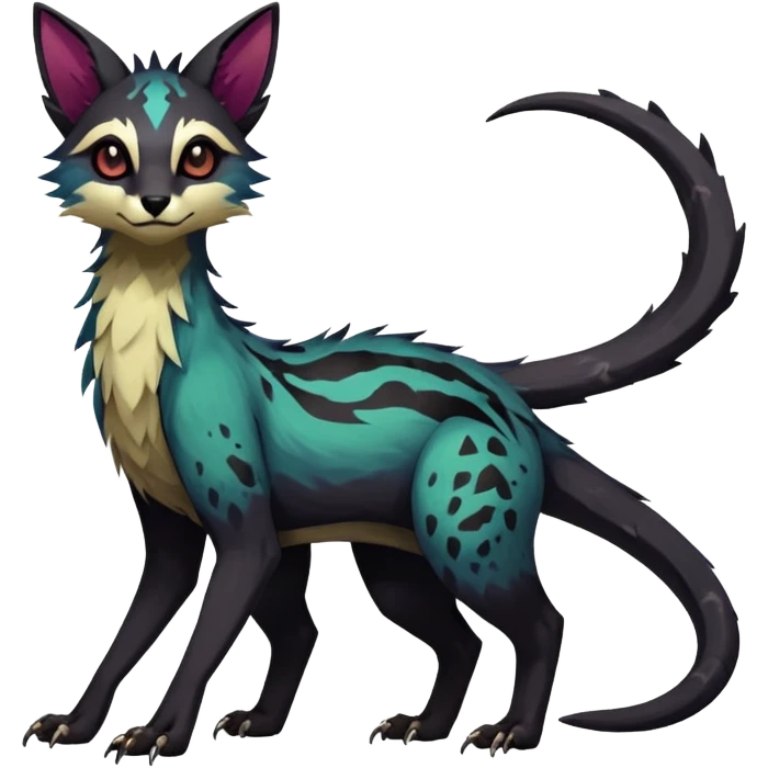 Rare realistic exotic edgy dark gothic gloomy epic pretty beautiful handsome gorgeous aesthetic colorful vibrant Vernid-Trico-species-Fakemon-creature by LiLaiRa, 4 legs, 1 tail, random markings, (full body) emoji