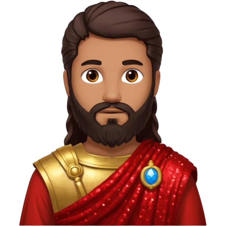 Mars from Roman Deities with long dark brown hair and beard, red sequin toga, light tan skin emoji