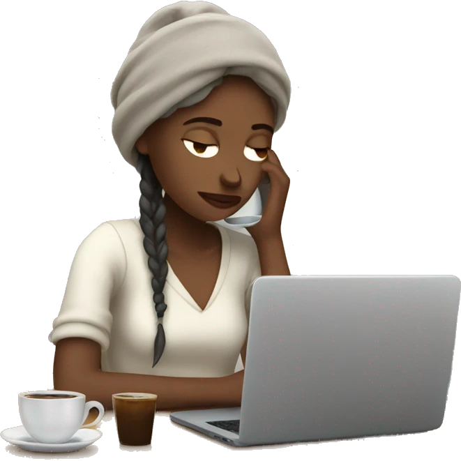 tired french girl with laptop drinking a lot of coffee emoji