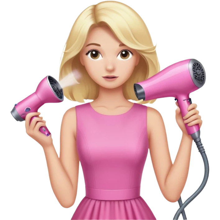 blonde woman in pink dress using a pink Dyson hairdryer to blow her hair emoji