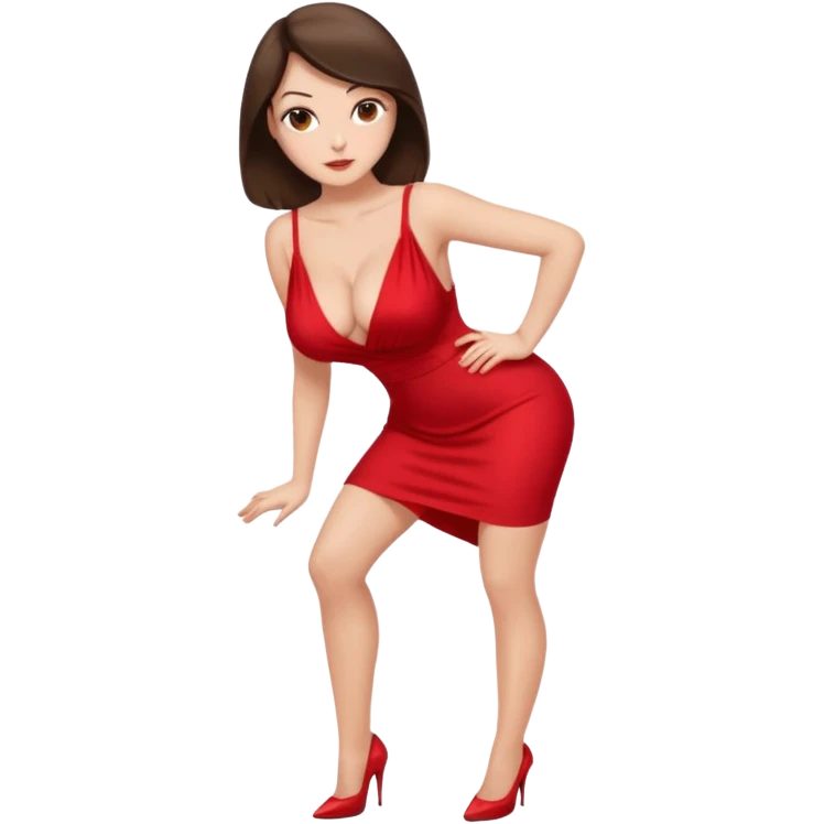 Adult female, brunette hair, large breasts, flirty confident expression, slightly provocative outfit, leaning forward pose, bold and playful, visually unique from other females emoji