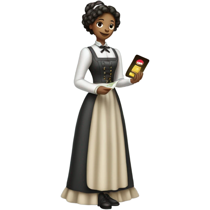 galora waitress Victorian dress elegant full body, holding big credit card emoji