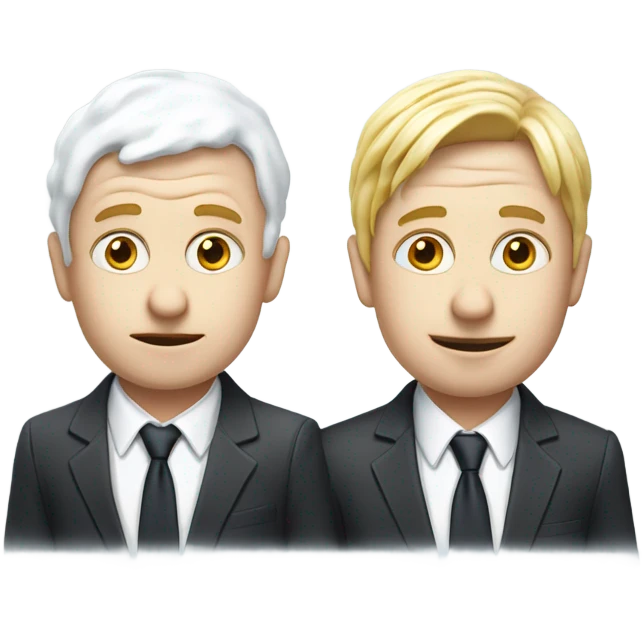 Two white men covered in yogurt wearing suits with yogurt on their head and on their clothes emoji