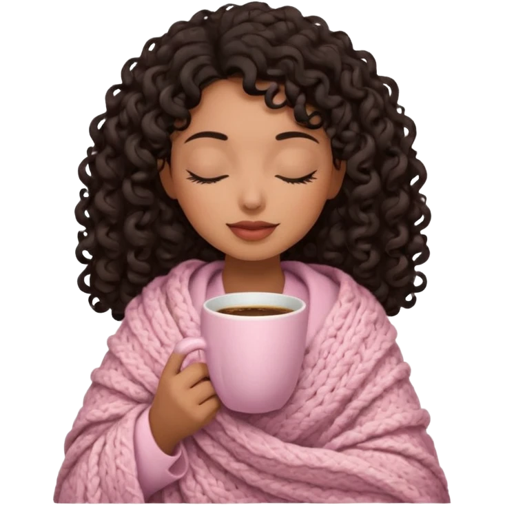 hispanic woman, brown skin, black long 3b curls, closed eyes, feminine face, holding soft pink coffee cup with beige blanket over shoulders emoji